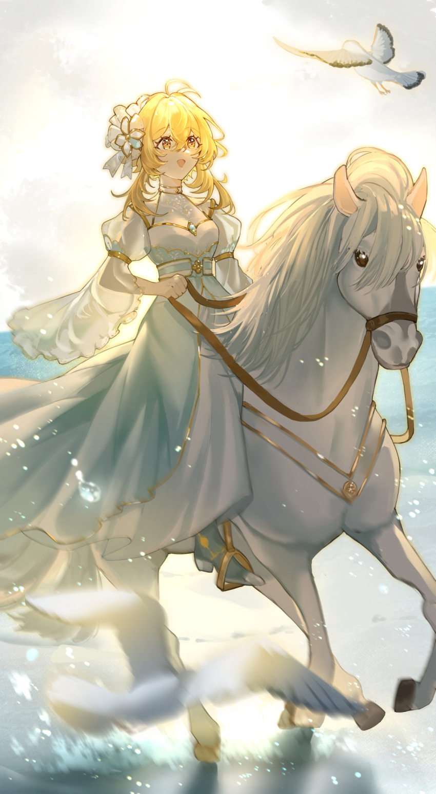 1girl alternate_costume beach bird blonde_hair breasts chestnut_mouth covered_collarbone day dress flower genshin_impact gold_trim hair_flower hair_ornament highres holding holding_reins horse horseback_riding looking_ahead lumine_(genshin_impact) medium_breasts ocean open_mouth puffy_short_sleeves puffy_sleeves reins riding seagull see-through see-through_sleeves short_sleeves solo stirrups sunlight two-tone_dress water_drop white_dress white_horse wide_sleeves yan_er10 yellow_eyes