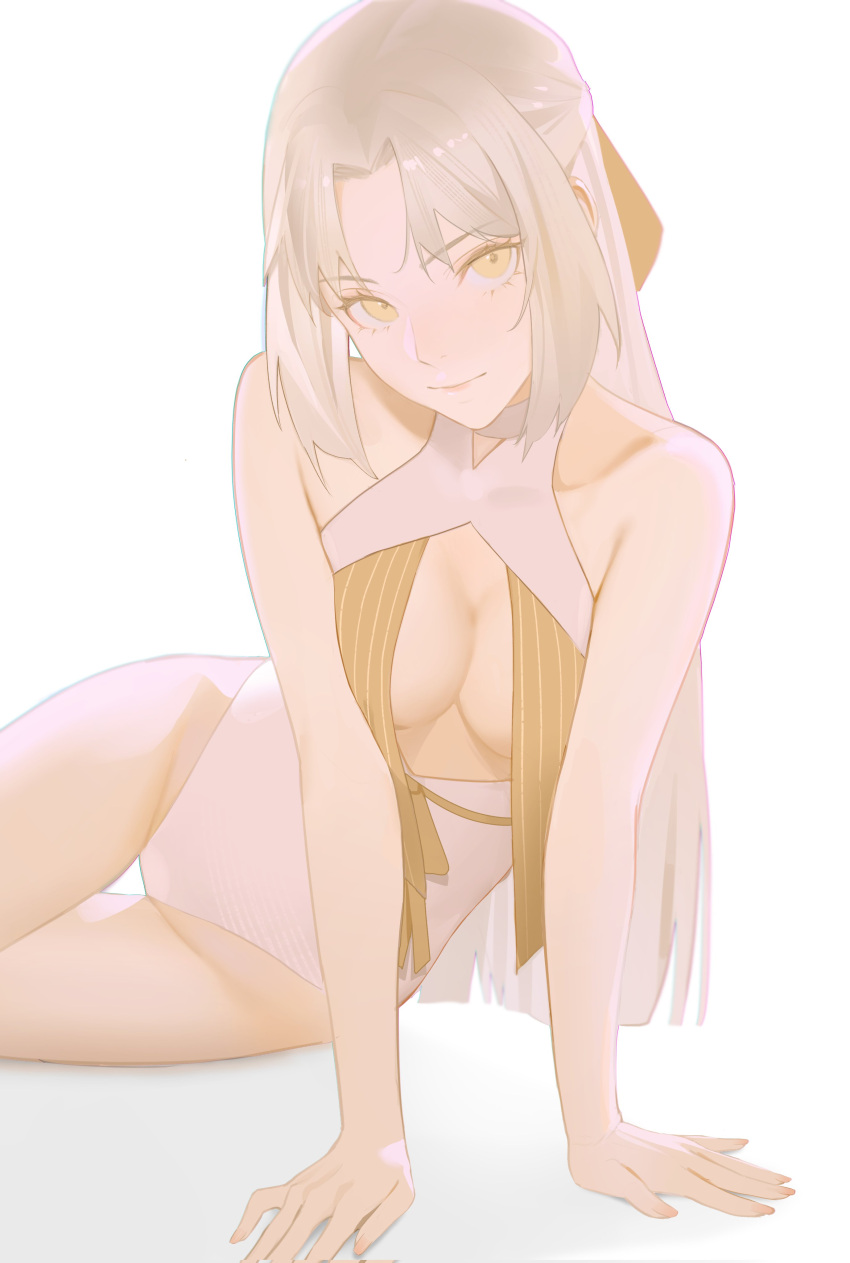 1girl absurdres arm_support black_bow bow breasts character_request cleavage collarbone copyright_request drid hairbow halterneck head_tilt highres long_hair looking_at_viewer lying on_side one-piece_swimsuit solo swimsit swimsuit thigh_gap white_hair yellow_eyes