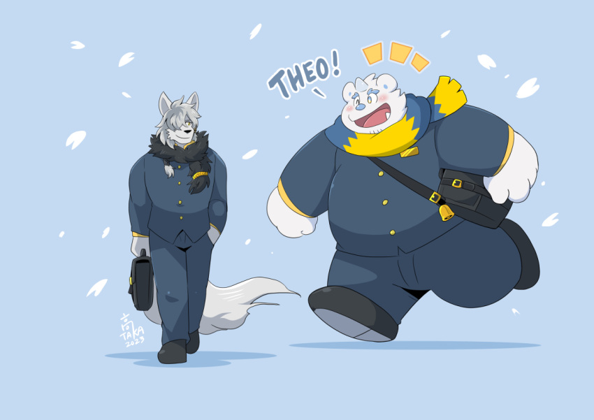 another_eidos_of_dragon_vein_r anthro blush canid canine canis clothing duo english_text fur horn male male/male mammal patty_(anothereidos_r) scarf school_uniform takataka text theodor_(anothereidos_r) uniform white_body white_fur wolf yeti