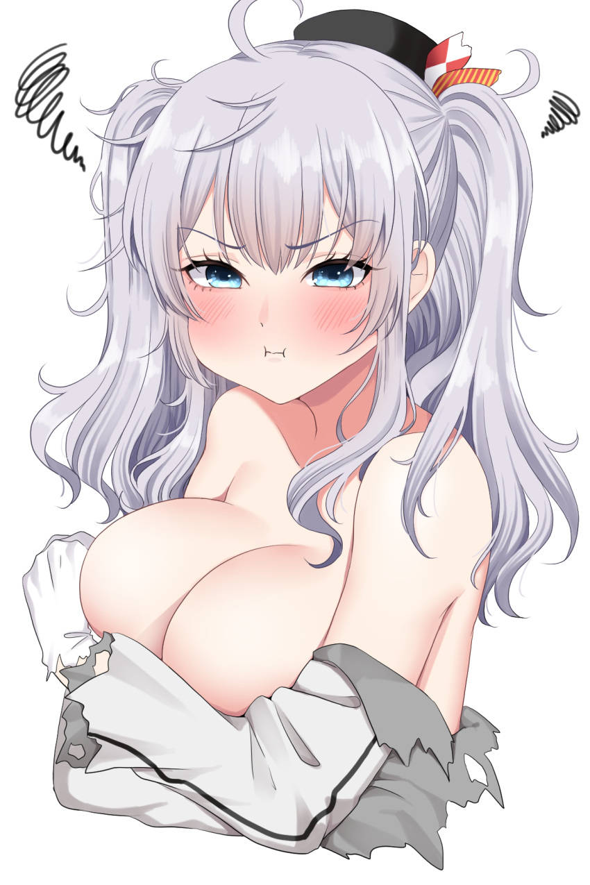 1girl :t beret blue_eyes blush breasts disheveled frilled_sleeves frills gloves grey_hair hat highres kantai_collection kashima_(kancolle) large_breasts long_hair long_sleeves looking_at_viewer military military_jacket military_uniform solo torn_clothes twintails uniform upper_body wavy_hair white_gloves yomogi_dango