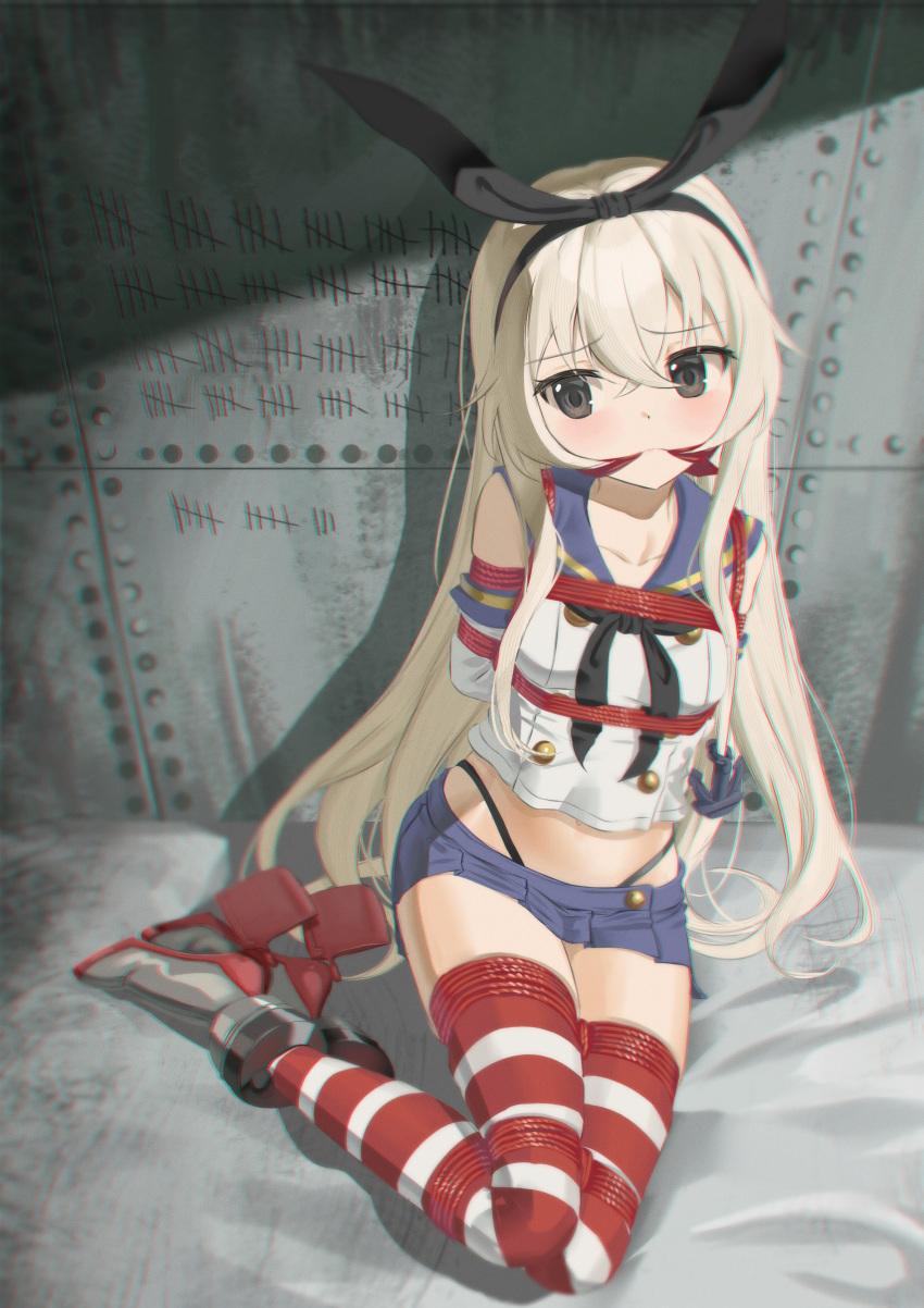 absurdres bdsm black_hairband black_panties blonde_hair bondage bound cailin020 crop_top elbow_gloves gag gagged gloves grey_eyes hairband highleg highleg_panties highres kantai_collection long_hair miniskirt panties red_rope restrained rope rope_gag school_uniform serafuku shibari shimakaze_(kancolle) sitting skirt striped striped_thighhighs tally thighhighs underwear white_gloves yokozuwari