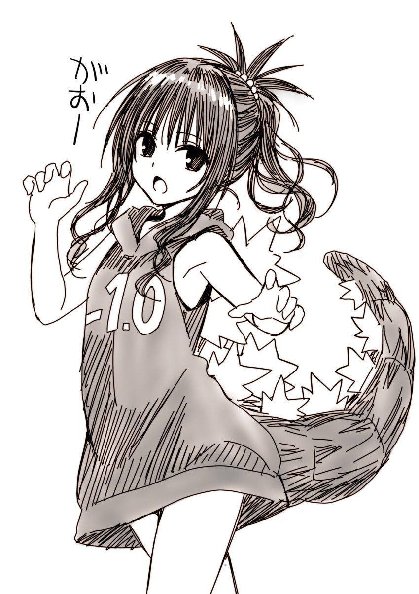 1girl bare_arms cosplay curly_hair godzilla godzilla_(cosplay) highres hood hoodie long_hair looking_at_viewer monochrome open_mouth paw_pose simple_background sleeveless solo to_love-ru topknot white_background yabuki_kentarou yuuki_mikan