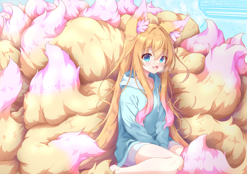 1girl absurdres animal_ear_fluff animal_ears blonde_hair blue_eyes fluff fox_ears fox_girl hair_between_eyes highres hood hoodie long_hair looking_at_viewer macaroni710 multicolored_hair multiple_tails open_mouth original pink_hair solo tail too_many too_much_fluff