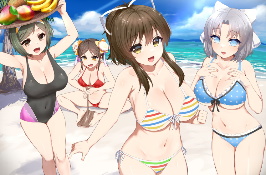 4girls absurdres asuka_(senran_kagura) banana beach bikini black_one-piece_swimsuit blue_bikini blue_eyes board bob_cut bow breasts brown_eyes cleavage cloud cloudy_sky coconut coconut_tree collarbone commentary_request dappled_sunlight day double_bun floral_print food fruit hair_bow hair_bun hair_ribbon hairband hands_on_own_chest highres holding holding_stick holding_tray kusaka_souji large_breasts looking_at_viewer mai_(senran_kagura) mango medium_hair meimei_(senran_kagura) multicolored_clothes multicolored_swimsuit multiple_girls navel ocean one-piece_swimsuit palm_tree pink_one-piece_swimsuit polka_dot polka_dot_bikini ponytail purple_one-piece_swimsuit red_bikini ribbon sand senran_kagura senran_kagura_estival_versus senran_kagura_shinovi_versus short_hair sky sparkle standing stick striped striped_bikini sunlight swimsuit tray tree water waves yellow_eyes yumi_(senran_kagura)