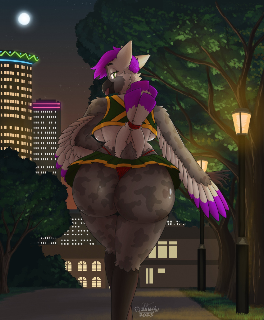 2023 5_fingers absurd_res anthro arm_tuft artist_logo avian beak bedroom_eyes big_butt bird black_beak black_eyebrows black_eyelashes blep bottomwear breasts_from_behind building butt cheek_tuft cheerleader_outfit claws clothing countershade_face countershading detailed_background dipstick_feathers dipstick_tail dipstick_tail_feathers dipstick_wings eyebrows facial_tuft feathers female fingers full_moon gradient_sky grass green_bottomwear green_clothing green_eyes green_skirt green_topwear grey_body grey_feathers hair hand_on_hip hi_res knee_tuft leg_tuft logo looking_at_viewer looking_back looking_back_at_viewer markings moon mottled narrowed_eyes night one_eye_obstructed outside panties path pink_tongue plant portrait pupils purple_body purple_feathers purple_hair raised_tail red_clothing red_panties red_underwear reverse_countershading ribbon_(bowhuskers) sammfeatblueheart seductive shaded shoulder_tuft sidewalk signature skirt sky solo standing star starry_sky street_lamp tail tail_feathers tail_markings three-quarter_portrait tongue tongue_out topwear tree tuft underwear upskirt walking white_body white_claws white_feathers white_pupils winged_arms wings wrist_tuft