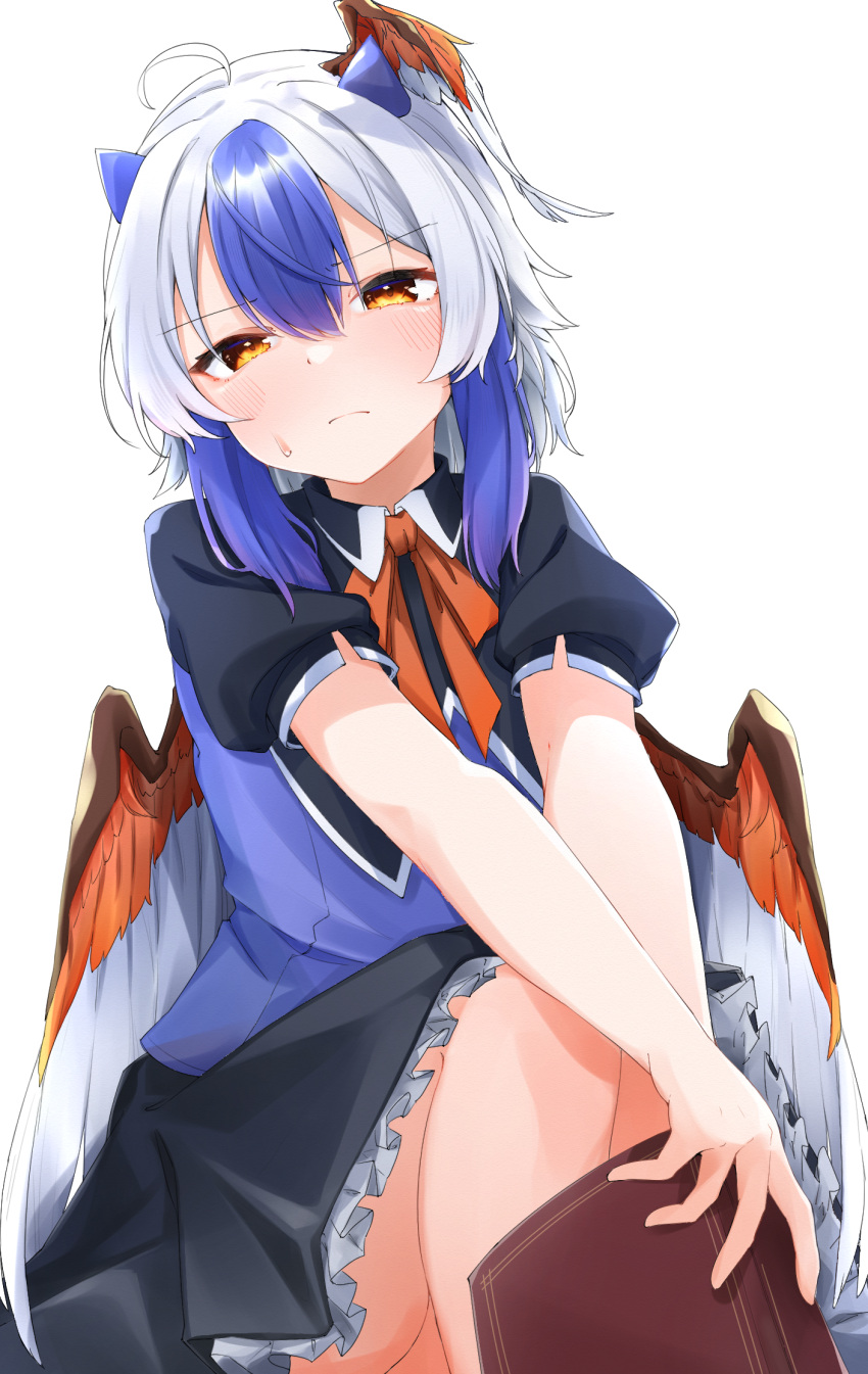 1girl ahoge ass bird_wings black_dress blue_dress blue_hair blush book closed_mouth dress feathered_wings frilled_dress frills grey_hair gunsou1350 head_wings highres holding holding_book horns multicolored_hair puffy_short_sleeves puffy_sleeves short_hair short_sleeves simple_background single_head_wing solo tokiko_(touhou) touhou two-tone_hair white_background white_wings wings yellow_eyes