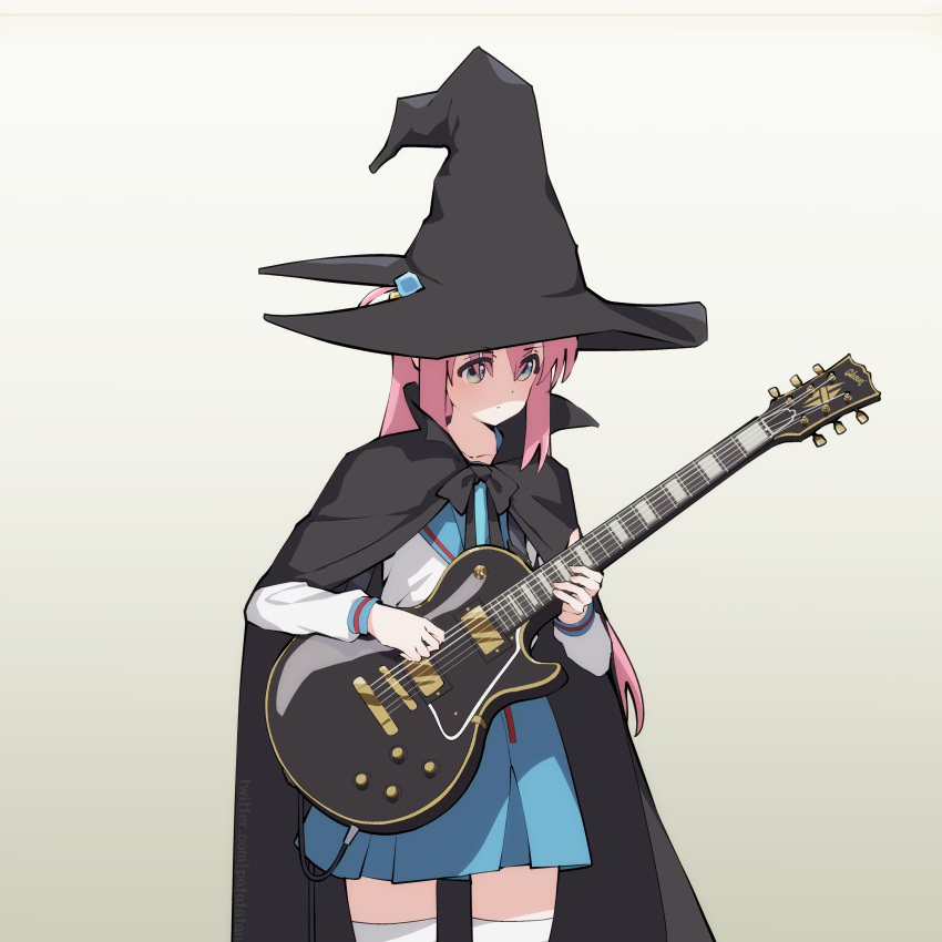 1girl absurdres black_cloak black_headwear blue_eyes blue_sailor_collar blue_skirt bocchi_the_rock! cloak cosplay cube_hair_ornament gotou_hitori guitar hair_ornament hat highres holding holding_instrument instrument kita_high_school_uniform long_hair nagato_yuki nagato_yuki_(cosplay) one_side_up patatatan pink_hair pleated_skirt sailor_collar school_uniform serafuku shirt sidelocks simple_background skirt solo standing suzumiya_haruhi_no_yuuutsu thighhighs white_background white_shirt witch_hat