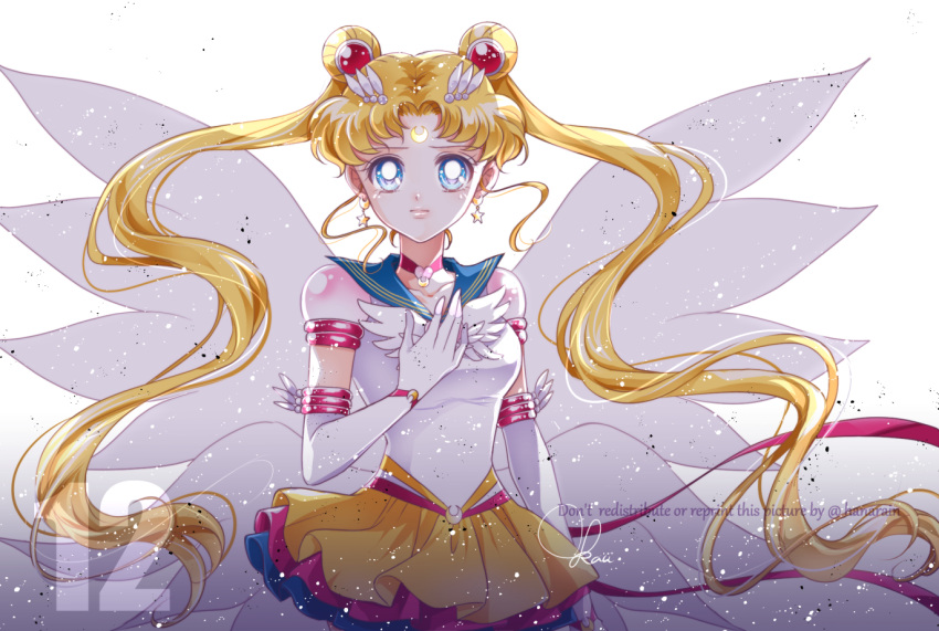 1girl bishoujo_senshi_sailor_moon blonde_hair blue_eyes blue_sailor_collar brooch choker collarbone crescent crescent_earrings crescent_facial_mark double_bun earrings elbow_gloves eternal_sailor_moon facial_mark gloves hair_bun hair_ornament heart heart_brooch heart_hair_bun jewelry layered_skirt lips long_hair looking_at_viewer puffy_short_sleeves puffy_sleeves red_choker sailor_collar sailor_moon sailor_senshi sailor_senshi_uniform sarashina_kau shirt short_sleeves simple_background skirt solo star_(symbol) star_earrings tsukino_usagi twintails very_long_hair waist_brooch white_background white_gloves white_shirt wing_brooch wings