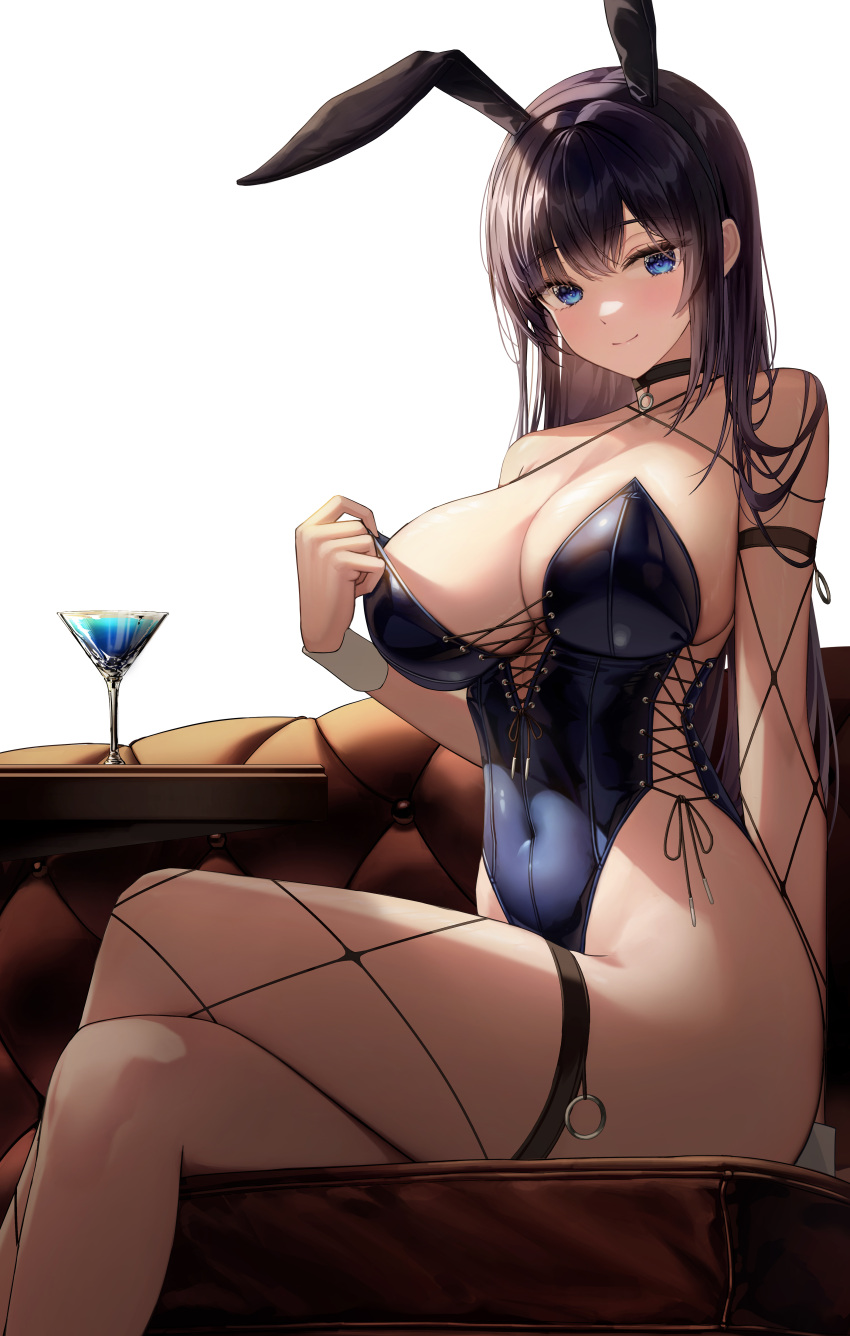 1girl absurdres animal_ears arm_strap black_choker black_hair blue_eyes blue_leotard breasts choker closed_mouth cocktail_glass commentary couch covered_navel cross-laced_leotard crossed_legs cup drinking_glass fake_animal_ears feet_out_of_frame fishnet_thighhighs fishnets highres large_breasts leotard light_blush looking_at_viewer on_couch original playboy_bunny rabbit_ears single_thighhigh sitting smile solo strapless strapless_leotard table thighhighs torrentduck white_background white_wrist_cuffs wrist_cuffs