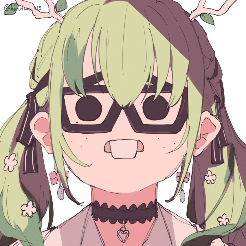 1girl antlers black_eyes buck_teeth ceres_fauna ceres_fauna_(3rd_costume) choker freckles glasses green_hair harutimu highres hololive hololive_english jirai_kei leaf mole mole_under_eye nerd_emoji teeth twintails white_background