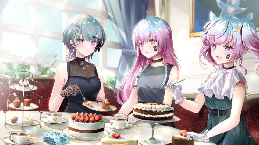 3girls birthday black_choker black_dress blue_flower blue_hair breasts cake cake_slice cake_stand character_request choker couch cross cross_hair_ornament cup curtains dress ear_piercing earrings facial_mark flower food fork fruit gloves gradient_hair green_dress grey_dress grey_hair hair_ornament hair_ribbon heart heart_hair_ornament holding holding_fork indie_virtual_youtuber jewelry kurage_cc lace lace_gloves long_hair macaron multicolored_hair multiple_girls open_mouth piercing pink_hair purple_eyes ribbon saucer shell_hair_ornament short_hair sleeveless sleeveless_dress smile strawberry table tadayoi_lina teacup twintails virtual_youtuber white_gloves white_ribbon window