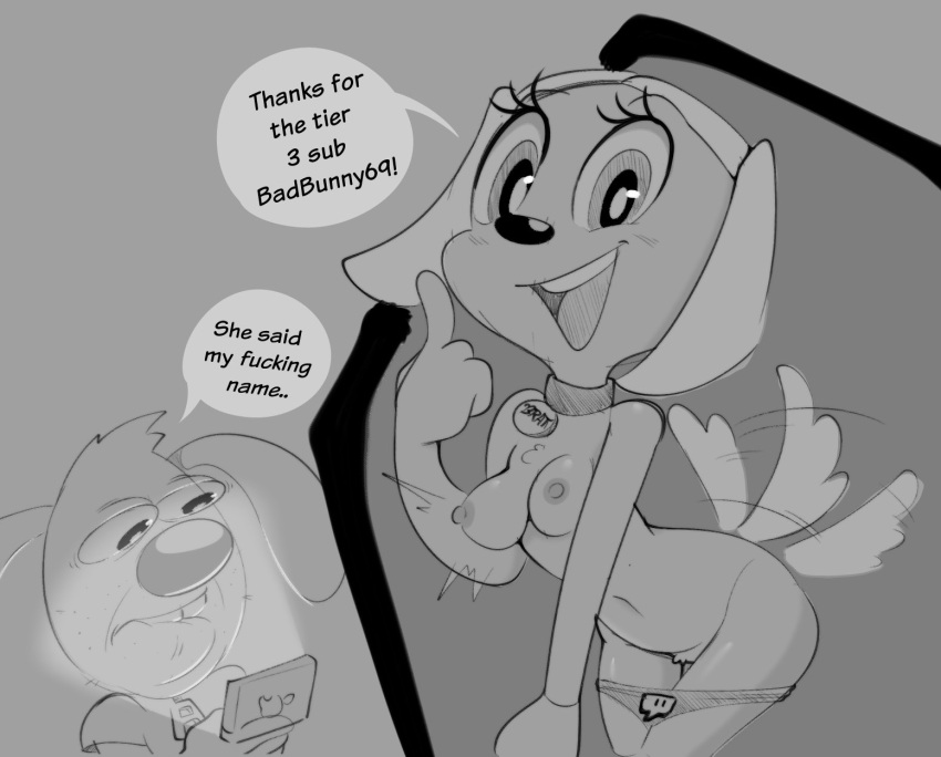 2023 anthro brandy_and_mr._whiskers brandy_harrington breasts canid canine canis clothed clothing collar dialogue disney domestic_dog duo english_text female gametimeasia greyscale hi_res humor lagomorph leporid male mammal monochrome mr._whiskers nipples panties panties_down partially_clothed rabbit streaming tail tail_motion tailwag text underwear underwear_down