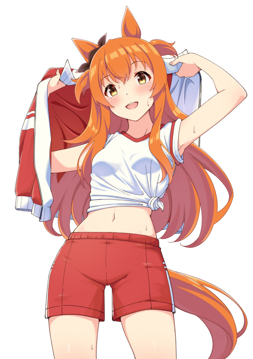 1girl :d animal_ears arms_up breasts brown_eyes commentary_request cowboy_shot gym_shorts gym_uniform highres horse_ears horse_girl horse_tail jacket jacket_removed looking_at_viewer mayano_top_gun_(umamusume) motsutoko navel orange_hair shirt shorts simple_background small_breasts smile solo stomach tail tied_shirt two_side_up umamusume white_background