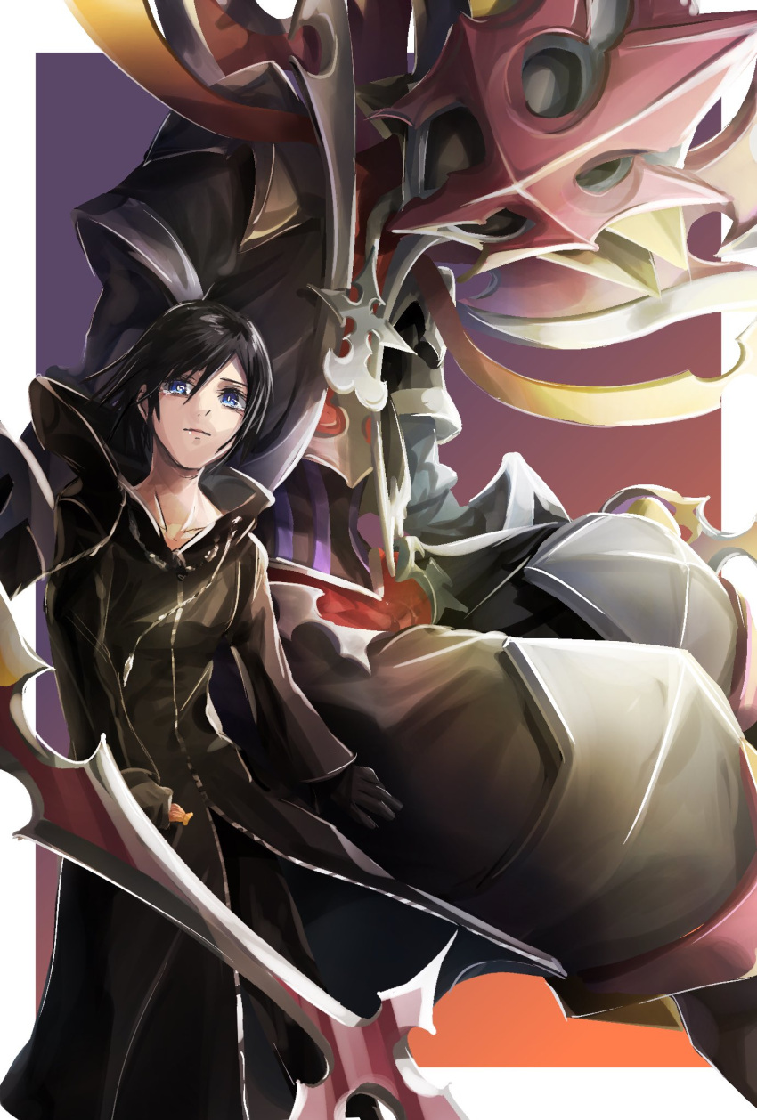 1girl armor black_gloves black_hair black_robe blue_eyes border closed_mouth cowboy_shot dual_persona gloves hair_between_eyes hashina_(jkmjyn) highres holding holding_weapon hood hood_down hooded_robe keyblade kingdom_hearts kingdom_hearts_358/2_days long_sleeves looking_at_viewer robe short_hair spoilers weapon white_border xion_(kingdom_hearts)