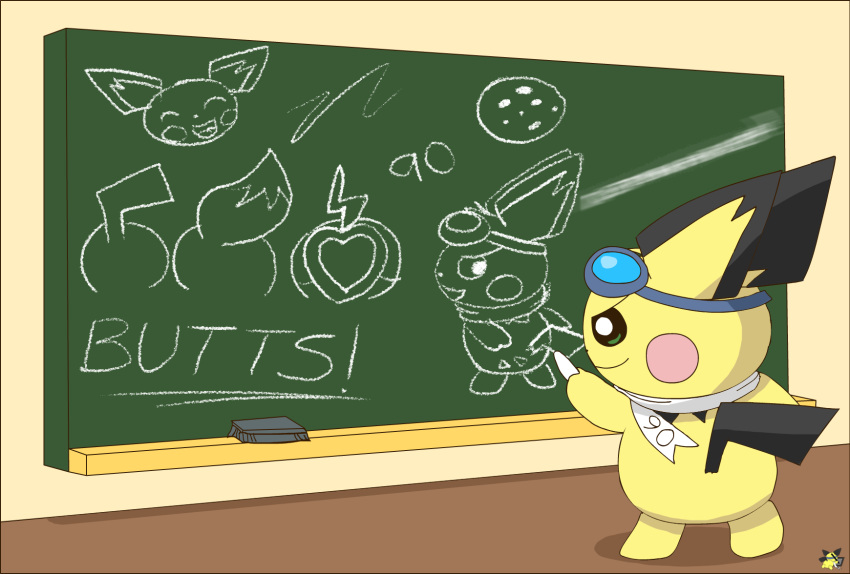 2023 artist_logo butt chalk chalkboard chalkboard_eraser drawing english_text eyewear eyewear_on_head feral fur generation_2_pokemon goggles goggles_on_head hi_res logo male nintendo pichu pichu90 pokemon pokemon_(species) scarf solo sparks_pichu text white_scarf yellow_body yellow_fur