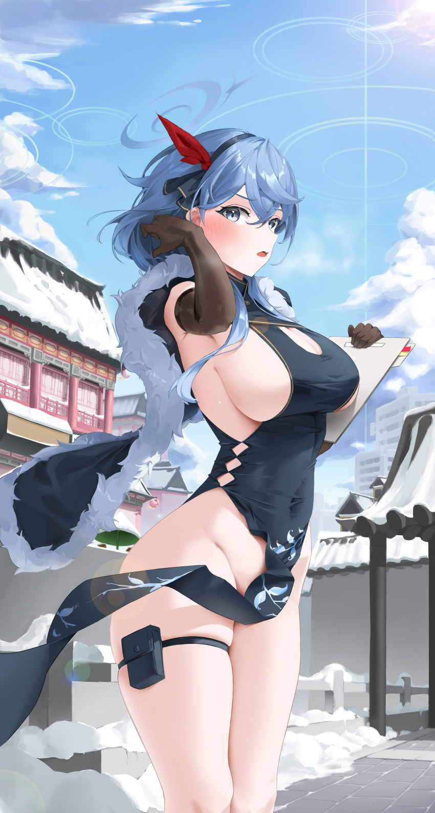 1girl absurdres ako_(blue_archive) alternate_costume architecture black_dress black_gloves black_hairband blue_archive blue_eyes blue_hair blue_halo blush bomji breasts cleavage cleavage_cutout clothing_cutout covered_navel day dress east_asian_architecture elbow_gloves feet_out_of_frame fur_trim gloves hair_between_eyes hairband halo highres large_breasts long_hair looking_at_viewer no_panties open_mouth outdoors pelvic_curtain sideboob snow solo standing