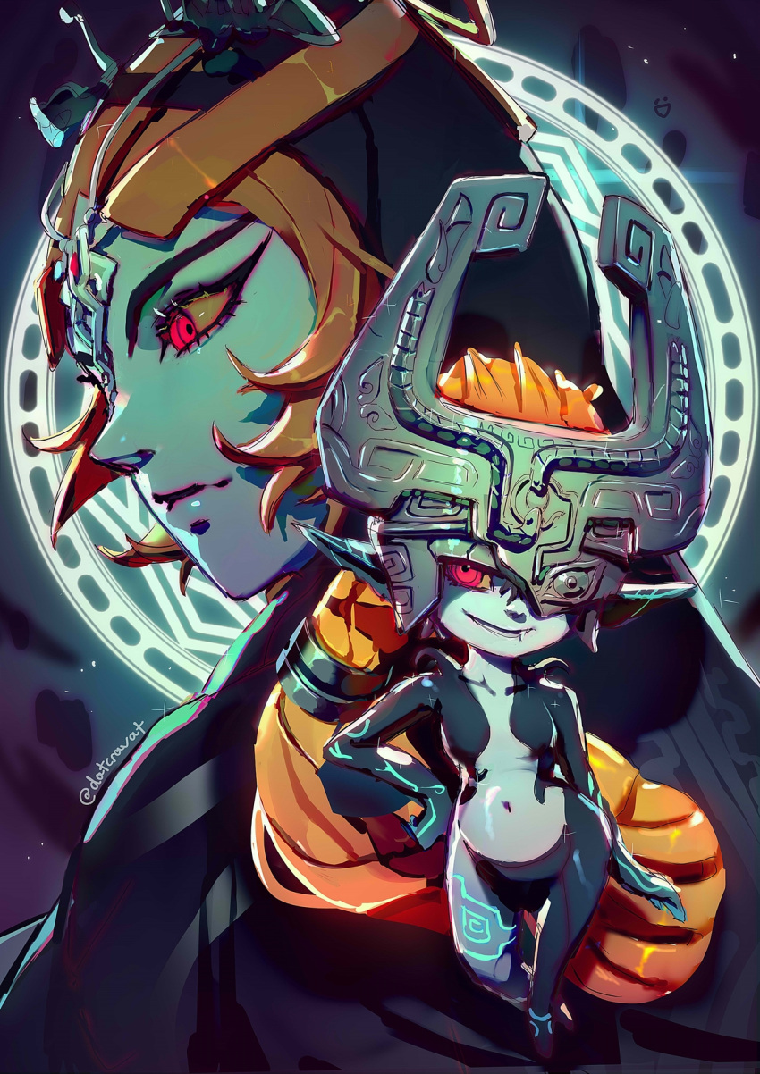 2girls artist_name black_hood black_skin breasts collarbone colored_sclera colored_skin datcravat fang helmet highres hood hood_up long_hair looking_at_viewer magic midna midna_(true) multicolored_skin multiple_girls navel one_eye_covered orange_hair pointy_ears profile red_eyes smile the_legend_of_zelda the_legend_of_zelda:_twilight_princess two-tone_skin yellow_sclera