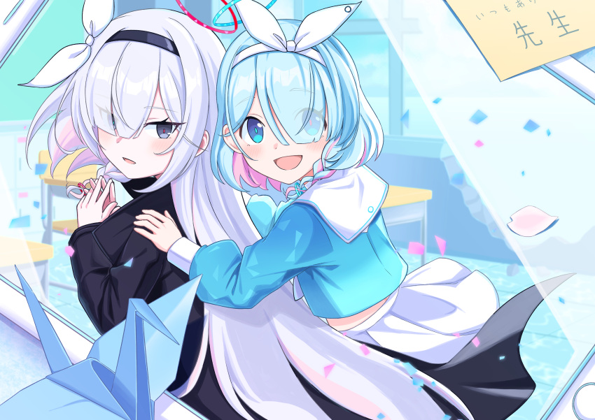 2girls :d absurdres arona_(blue_archive) black_coat black_eyes black_hairband blue_archive blue_eyes blue_hair blue_halo blue_shirt blurry blush classroom coat commentary depth_of_field desk hair_over_one_eye hair_ribbon hairband halo highres indoors keshikasu9 long_hair long_sleeves looking_at_viewer looking_back midriff_peek multiple_girls one_eye_covered open_mouth origami own_hands_together paper_crane partially_translated plana_(blue_archive) red_halo ribbon sailor_collar school_desk shirt short_hair skirt smile translation_request upper_body very_long_hair white_hair white_hairband white_ribbon white_sailor_collar white_skirt