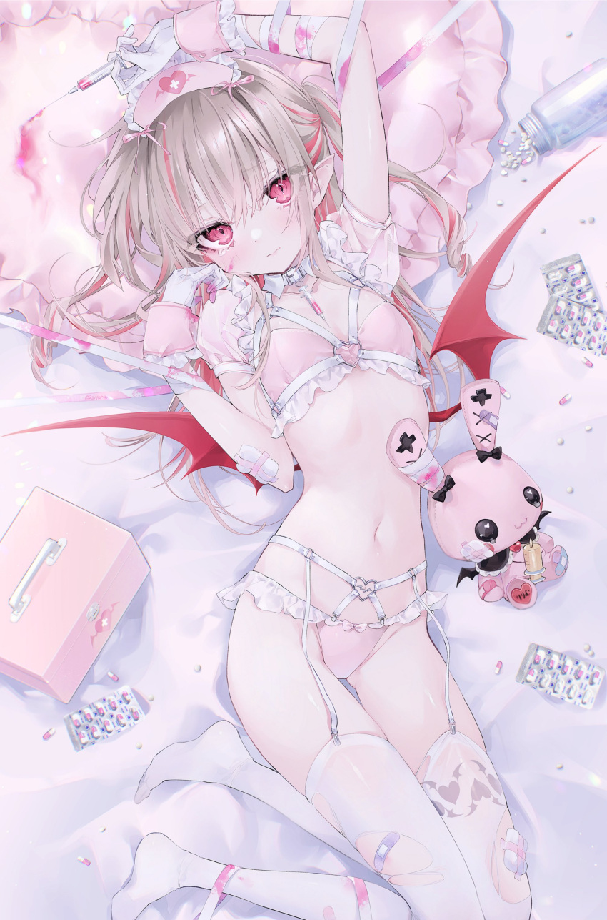 1girl absurdres bandages bandaid blush bow bra brown_hair character_name crossed_bangs demon_wings first_aid_kit flat_chest frilled_bra frilled_panties frilled_pillow frills garter_belt garter_straps gloves hair_between_eyes halterneck hat heart heart-shaped_eyes heart_pillow heart_print highres holding holding_syringe lying makaino_ririmu multicolored_hair navel nijisanji nurse_cap on_back panties petite pill pillow pink_bow pink_bra pink_panties pointy_ears rabbit red_eyes red_hair si10ra solo streaked_hair stuffed_animal stuffed_toy syringe tears thighhighs twintails underwear underwear_only virtual_youtuber white_gloves white_thighhighs wings wrist_cuffs