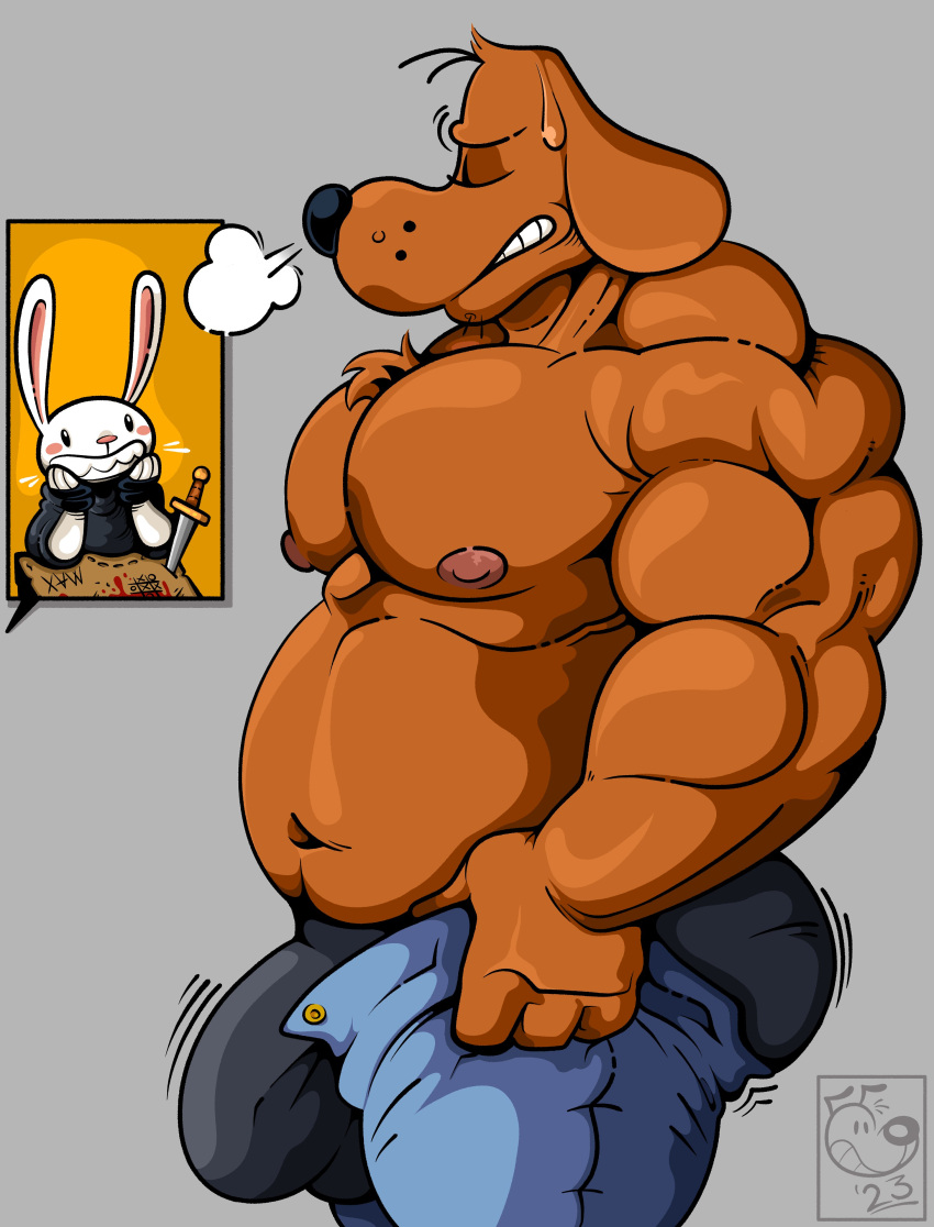 2023 absurd_res anthro barazoku belly biceps big_belly big_bulge big_butt big_muscles big_pecs blush bodily_fluids bottomwear bottomwear_pull breath bulge butt canid canine canis clenched_teeth clothed clothing clothing_pull dagger deltoids denim denim_clothing dialogue_box dogmanart domestic_dog dot_eyes duo eyes_closed fingerless_gloves fur gloves grey_background handwear hi_res huge_bulge huge_muscles jeans lagomorph male mammal map max_(sam_and_max) melee_weapon meme motion_lines musclegut muscular muscular_anthro muscular_male navel nipples offscreen_character pants pants_pull pecs pictographics sam_and_max samuel_dog shirt simple_background smile solo_focus standing sweat sweatdrop teeth thick_thighs tight_pants_(meme) topless topless_anthro topless_male topwear tuft underwear watermark weapon