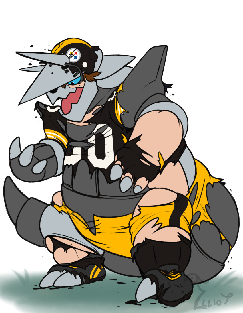 2022 absurd_res aggron anthro armor binturongboy bottomwear broken_helmet cleats clothing fingerless_gloves football_gear football_helmet football_jersey football_pants football_player football_uniform footwear generation_3_pokemon gloves growth handwear headgear helmet hi_res human_to_anthro jersey male mascot nfl nintendo pants pheagle pittsburgh_steelers pokemon pokemon_(species) simple_background socks solo species_transformation tail_growth tail_growth_in_pants torn_clothing transformation white_background