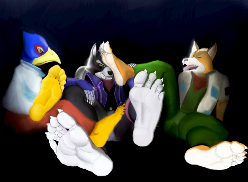 absurd_res avian bird canid canine canis clothing falco_lombardi falcon falconid feet footwear fox fox_mccloud hi_res high_heels lombardi mammal mccloud mroleoso nails nintendo o'donnell paws soles star_fox toes wolf wolf_o'donnell wrinkles