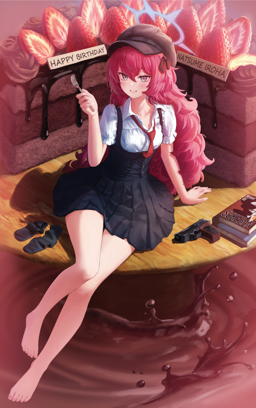 1girl absurdres bare_legs barefoot beret black_footwear black_headwear blue_archive book breasts cake cake_stand collarbone feet food fruit gun handgun hat high-waist_skirt highres iroha_(blue_archive) legs long_hair looking_at_viewer no_shoes puffy_short_sleeves puffy_sleeves red_hair revision shirt shoes short_sleeves sitting skirt smile socks_removed solo strawberry supersugar suspender_skirt suspenders toenails toes very_long_hair walther walther_p38 weapon