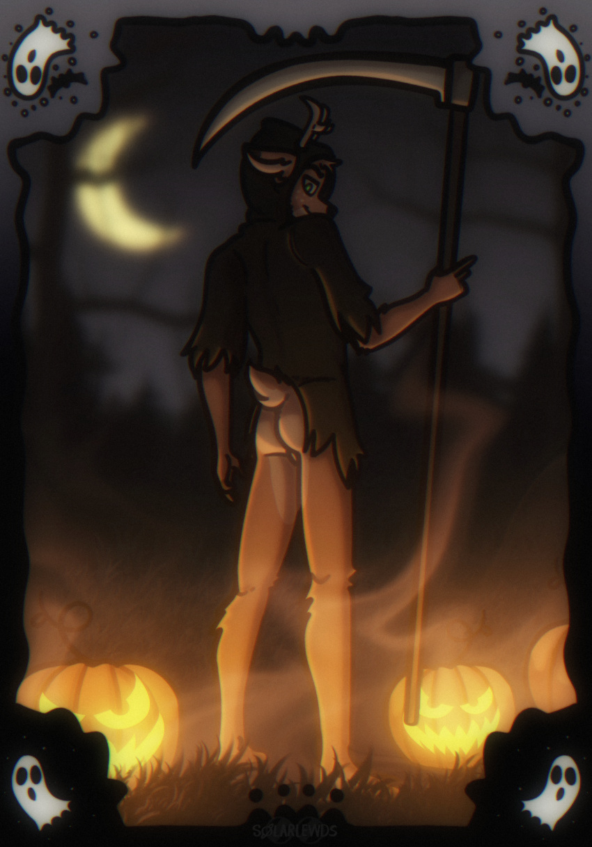 anthro antlers balls butt cloak clothing costume death_(personification) deer digital_media_(artwork) felix_(solarlewds) fog food fruit fur genitals ghost grim_reaper halloween hi_res holding_object holding_weapon holidays horn jack-o'-lantern looking_at_viewer looking_back male mammal melee_weapon moon multicolored_body multicolored_fur nude outside pantsless plant polearm pumpkin scythe smile solarlewds solo spirit tail tree two_tone_body two_tone_fur weapon