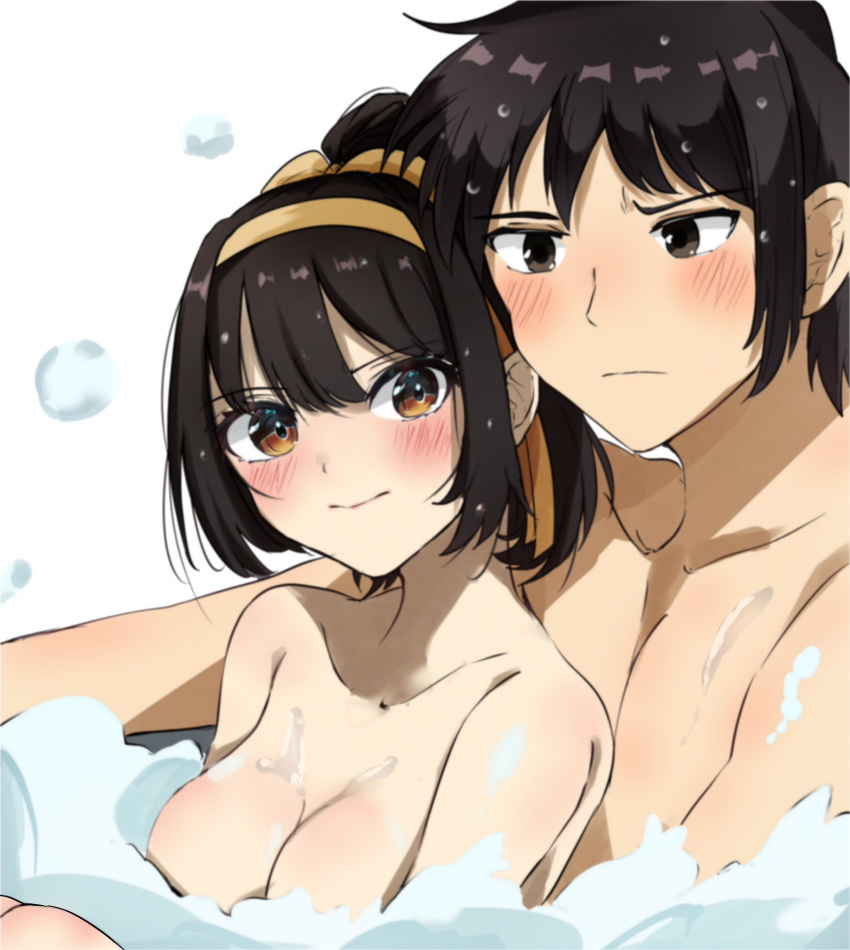 1boy 1girl bathing blush breasts brown_eyes brown_hair cleavage closed_mouth collarbone commentary_request completely_nude hair_ribbon hairband hetero highres kyon medium_breasts medium_hair mixed_bathing nude partially_submerged ponytail ribbon sasai_tuki simple_background smile soap_bubbles suzumiya_haruhi suzumiya_haruhi_no_yuuutsu wet white_background yellow_hairband yellow_ribbon