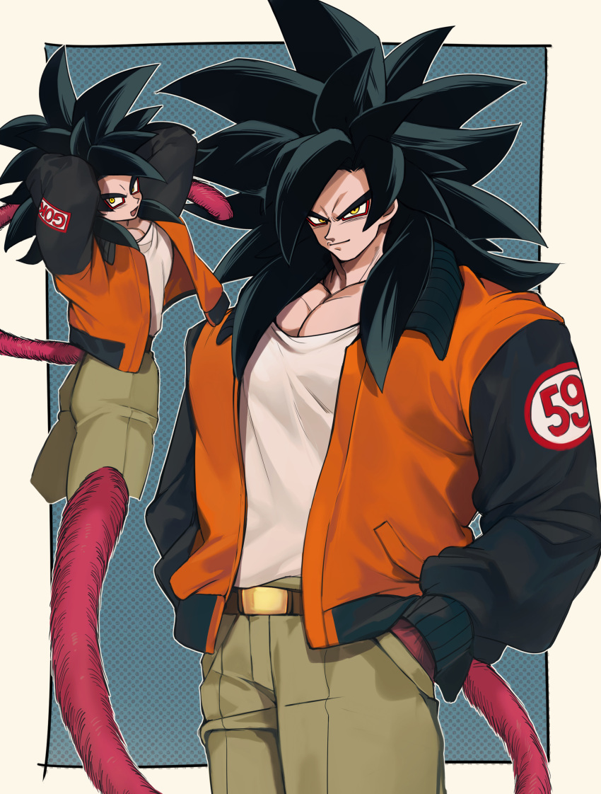 absurdres belt black_hair black_jacket dragon_ball dragon_ball_gt dragon_ball_z gigatan_d green_pants hands_in_pockets highres jacket long_hair looking_at_viewer male_focus monkey_boy monkey_tail multicolored_clothes multicolored_jacket muscular muscular_male orange_jacket pants pectorals red_fur shirt son_goku tail two-tone_jacket white_shirt yellow_eyes