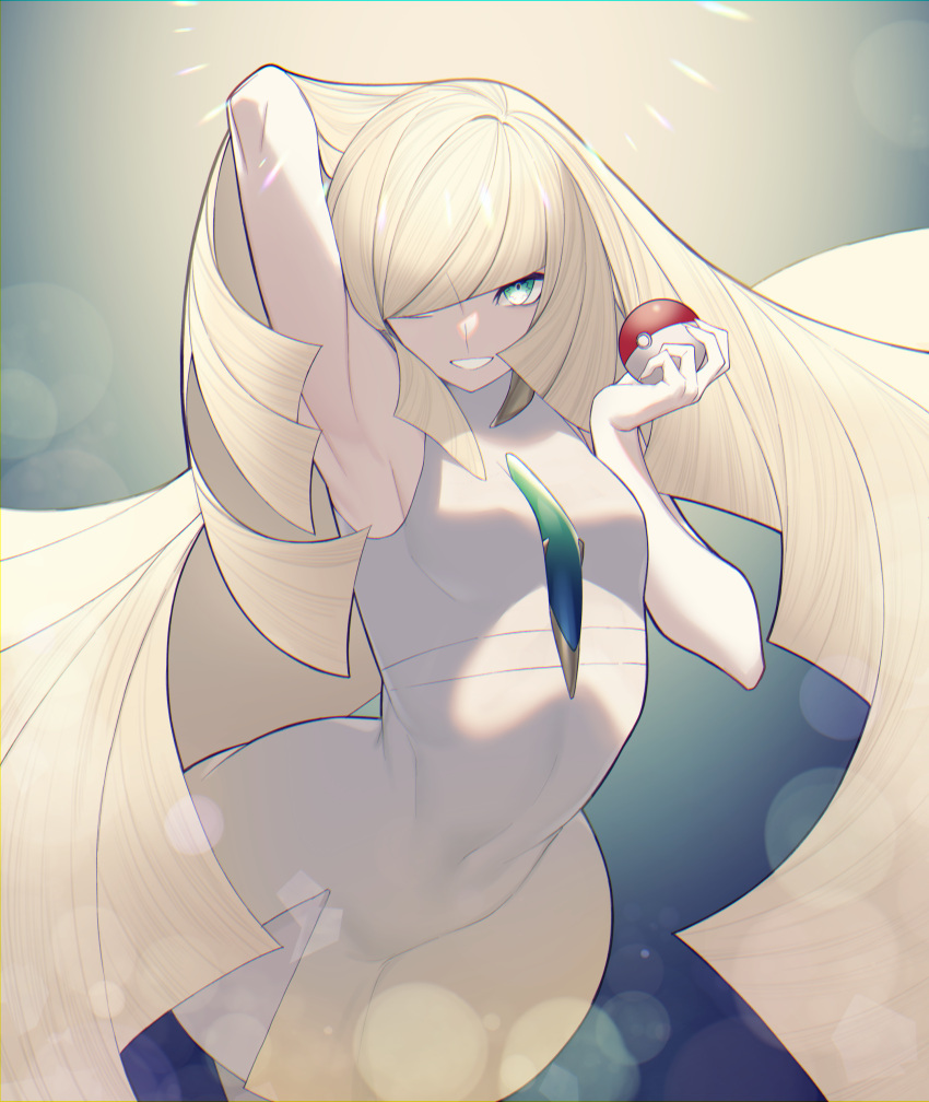 1girl absurdres armpits bare_arms bare_shoulders black_leggings blonde_hair breasts diamond_(shape) dress gem green_eyes green_gemstone hair_over_one_eye highres leggings long_hair lusamine_(pokemon) mature_female multicolored_clothes pokemon pokemon_(game) pokemon_sm short_dress sleeveless sleeveless_dress small_breasts solo two-tone_legwear very_long_hair white_leggings yononaka