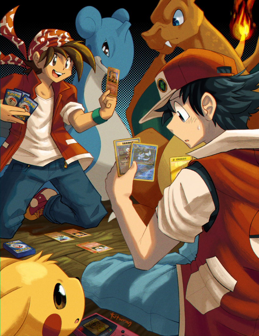 2023 ambiguous_gender arcanine bandanna black_hair bodily_fluids brown_hair charizard clothed clothing detailed_background duo_focus eeveelution feral fully_clothed generation_1_pokemon group hair hat headgear headwear hi_res human kerchief kitwran kneeling lapras male mammal nintendo open_mouth pikachu pokemon pokemon_(species) pokemon_professor pokemon_tcg professor_oak red_(pokemon) signature sitting smile sweat vaporeon wristband