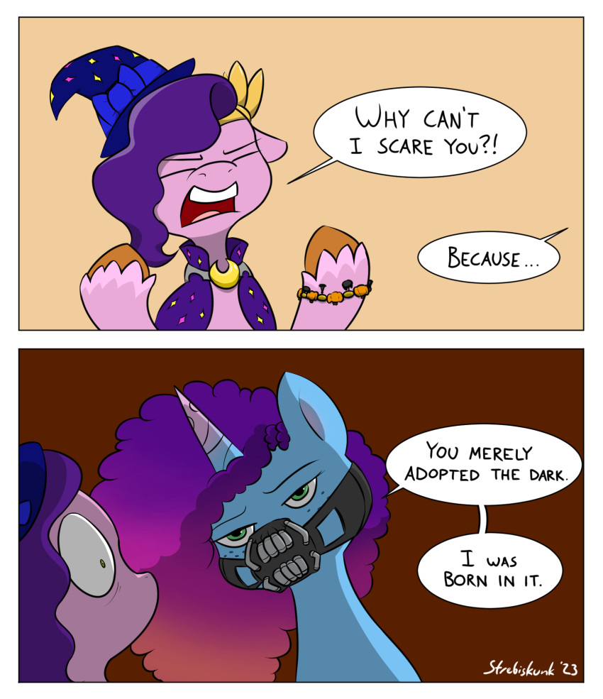 bane_(dc) bracelet clothing comic costume dc_comics dialogue english_text equid equine female freckles gradient_hair green_eyes hair hasbro hi_res hooves horn jewelry mammal mask meme misty_(g5) mlp_g5 my_little_pony pipp_petals_(mlp) purple_hair scared strebiskunk text unicorn