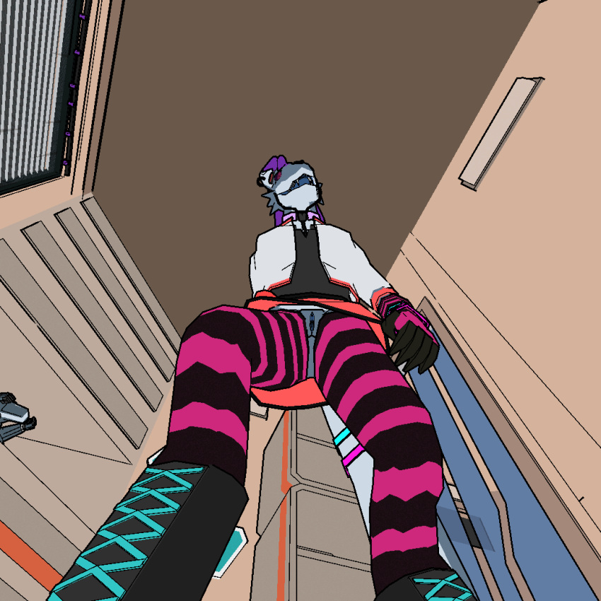 animated anthro blue_body blue_scales clothing dripping_pussy female hair hans_lewdington legwear looking_at_viewer looming looming_over low-angle_view micro pattern_clothing pattern_legwear purple_hair scales solo striped_clothing striped_legwear stripes warkun worm's-eye_view