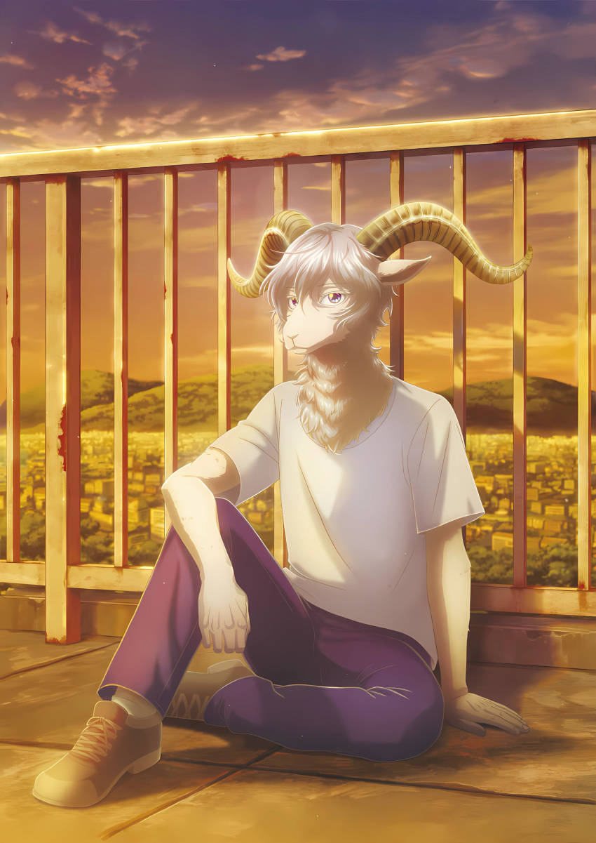 absurd_res beastars bighorn_sheep bottomwear bovid caprine city clothing cloud construction dusk elbow_on_knee fur gold_background hand_on_ground hi_res hill leather_shoes long_fur long_pants looking_at_viewer male mammal mountain orange_co. pants pina_(beastars) plant purple_bottomwear purple_clothing purple_pants railing rust sheep shirt short_sleeved_shirt short_sleeves simple_background sitting sitting_on_ground sky solo topwear white_body white_clothing white_fur white_shirt white_topwear yellow_background