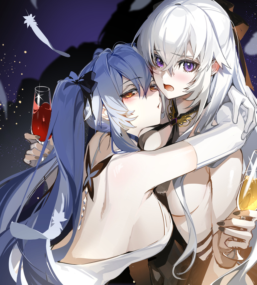 2girls akizero1510 azur_lane bare_back bare_shoulders black_dress black_nails black_ribbon blue_hair blush breasts crossed_bangs cup dress drinking_glass elbow_gloves enterprise_(azur_lane) enterprise_(heroic_finery)_(azur_lane) essex_(azur_lane) feathers gloves hair_between_eyes hair_ribbon highres holding holding_cup hug hurricane_glass large_breasts long_hair looking_at_viewer multiple_girls official_alternate_costume open_mouth purple_eyes red_eyes ribbon sideboob twintails white_feathers white_gloves white_hair