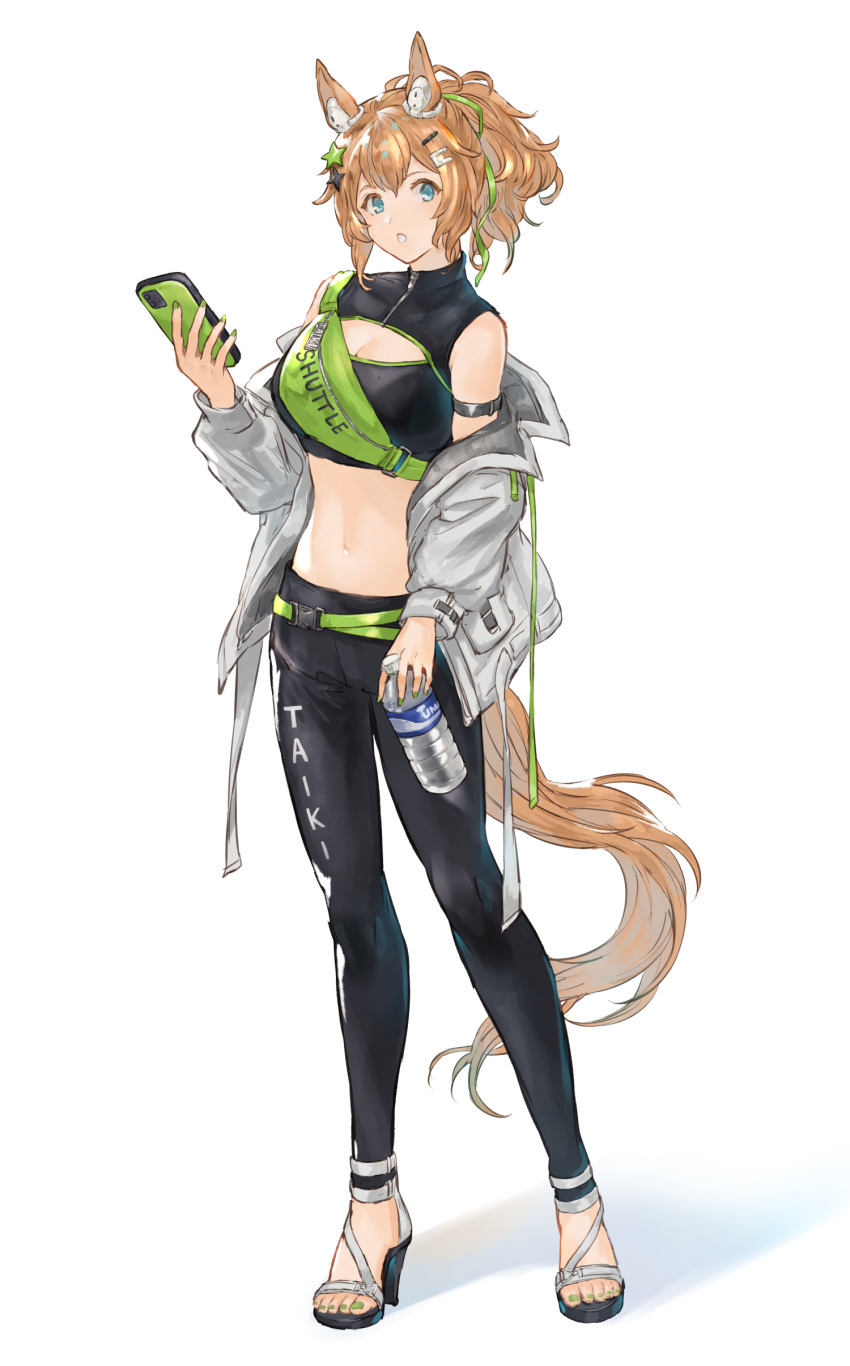 1girl :o absurdres alternate_costume animal_ears aqua_eyes armband belt black_pants black_shirt bottle brand_name_imitation breasts cellphone cleavage commentary crop_top fake_animal_ears fanny_pack full_body green_nails grey_jacket hair_ornament hairclip hand_up headphones headphones_for_animal_ears high_heels highres holding holding_bottle holding_phone horse_ears horse_girl horse_tail jacket looking_at_viewer medium_breasts midriff navel off_shoulder open_clothes open_jacket pants phone pocari_sweat ponytail shimatani_azu shirt short_hair snap-fit_buckle solo standing star_(symbol) star_hair_ornament symbol-only_commentary taiki_shuttle_(umamusume) tail toes umamusume white_background