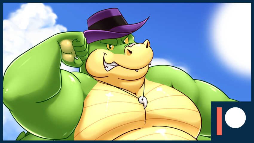2023 5_fingers alligator alligatorid anthro belly brok_(character) brok_the_investigator clothing cloud crocodilian darknessminotaur fingers green_body hat headgear headwear hi_res male moobs outside overweight overweight_male reptile scalie solo sun