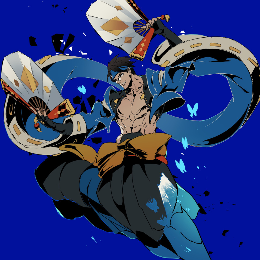 1boy absurdres black_hair blue_background blue_headband bug butterfly don_ten_usagi fingerless_gloves full_body gloves guilty_gear guilty_gear_strive hand_fan headband highres japanese_clothes kimono male_focus mito_anji multicolored_clothes multicolored_kimono muscular muscular_male pince-nez short_hair smile