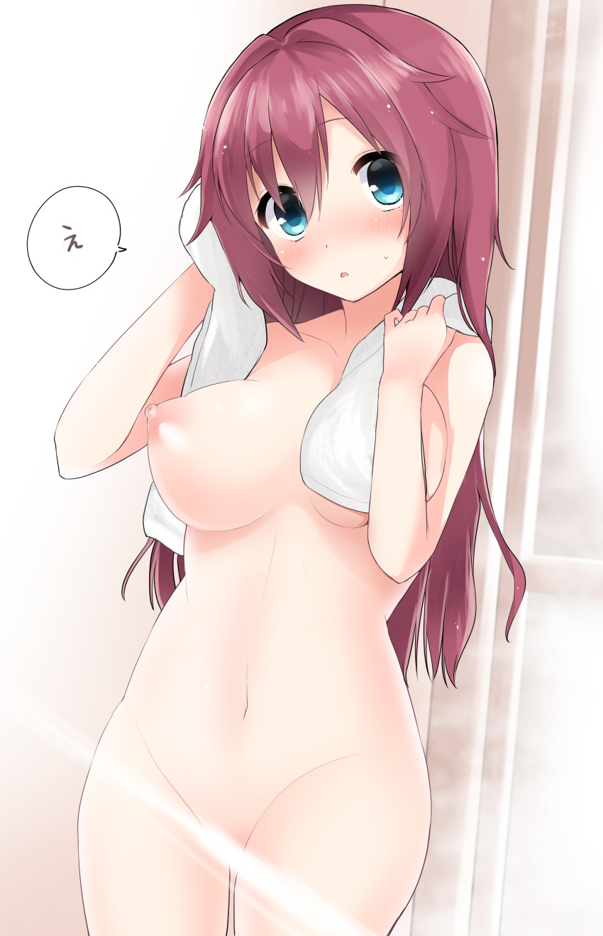 1girl absurdres after_bathing aqua_eyes artist_name blush breasts breasts_apart collarbone commentary completely_nude cowboy_shot cup curvy d: disposable_cup drying drying_hair eyelashes groin hair_down hands_up highres holding holding_towel indoors large_breasts light_censor long_hair looking_at_viewer maniwa_roka midriff navel nipples nose_blush nude open_mouth purple_hair senren_banka shiny_skin solo speech_bubble standing steam stomach sweatdrop takepoison towel very_long_hair wet wet_hair