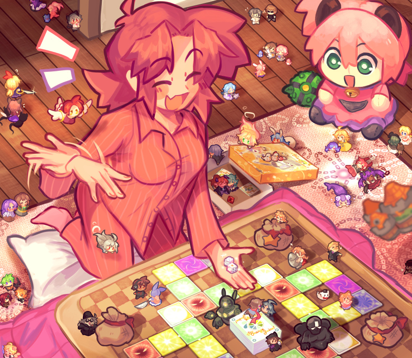 100_percent_orange_juice 2girls alicianrone alicianrone_(character) animal_ears arnelle_(orange_juice) aru_(qp_shooting) barefoot bell board_game box breasts card ceoreparque character_doll closed_eyes collared_shirt cook_(orange_juice) dice ellie_(orange_juice) empty_eyes english_commentary fang fernet_(red_barrel) flying_castle_(flying_red_barrel) flying_red_barrel glasses green_eyes hamster_ears hamster_girl highres hime_(suguri) hoshino_reika_(orange_juice) iru_(suguri) islay jingle_bell kae_(suguri) kai_(orange_juice) kiriko_(xmas_shooting) kotatsu krilalaris kyouko_(suguri) kyousuke_(qp_kiss) kyupita_(qp_kiss) lone_rider_(flying_red_barrel) long_sleeves lulu_(orange_juice) malt_(flying_red_barrel) marc_(red_barrel) marie_poppo_(orange_juice) maynie_(orange_juice) medium_breasts medium_hair mei_(xmas_shooting) merchant_(flying_red_barrel) mermaid mimyuu_(qp_shooting) mira_(sora) monster_girl multiple_girls nath natsumi_(xmas_shooting) nico_(xss) open_mouth pajamas pants parted_bangs pencilchewing pillow pink_hair pink_pajamas pink_pants pink_shirt pomeranius_(orange_juice) pouch purple_hair qp_(qp_shooting) qp_shooting robo_ball_(suguri) saki_(suguri) sham_(orange_juice) sherry_(flying_red_barrel) shifu_(suguri) shifu_robot_(suguri) shirt skin_fang sora_(suguri) star_(symbol) store_manager_(qp_shooting) suguri suguri_(character) table teotoratta tomato_(qp_shooting) tomomo_(orange_juice) watty_(orange_juice) wooden_floor xmas_shooting_-_scramble!! yuki_(qp_shooting) yuuki_(qp_shooting)