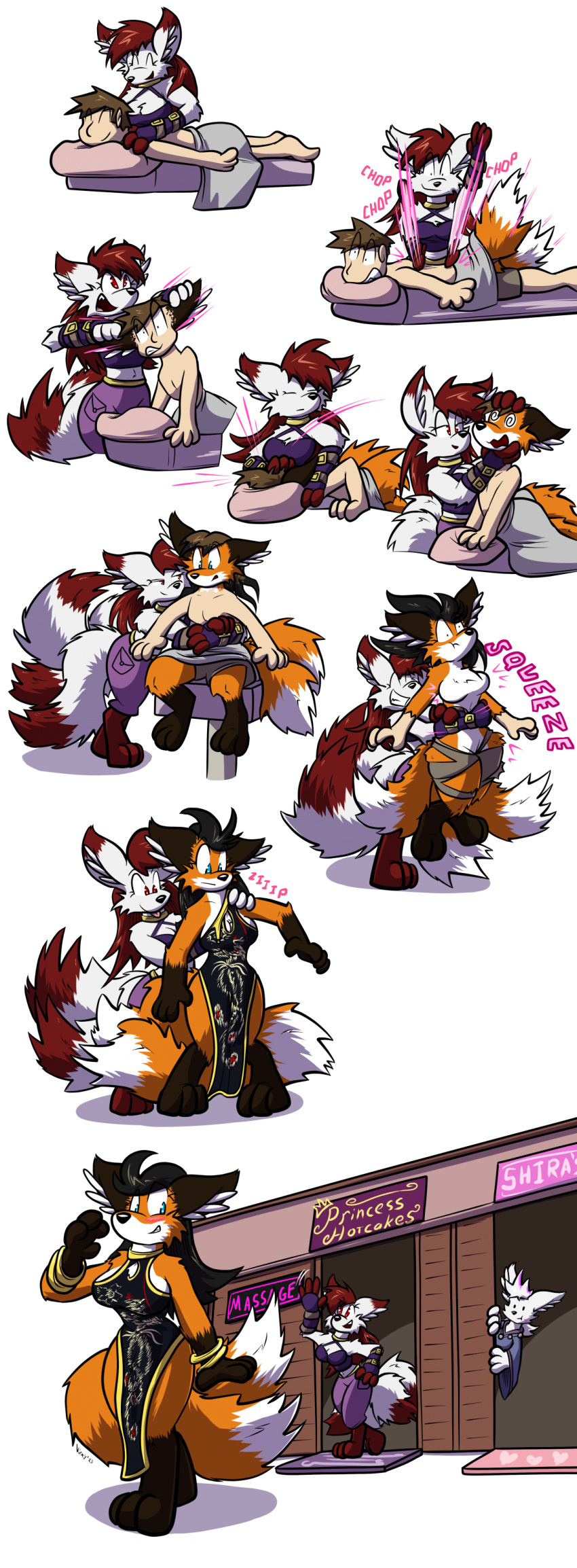 absurd_res alpha_channel anthro black_hair blush breasts brown_hair canid canine clothed clothing colored comic dress duo female fox fur gender_transformation growth hair hi_res human male mammal massage massage_table medium_breasts mtf_transformation multi_tail orange_body orange_fur red_body red_fur red_hair simple_background species_transformation tail tail_growth torn_clothing transformation transparent_background virmir white_body white_fur white_hair
