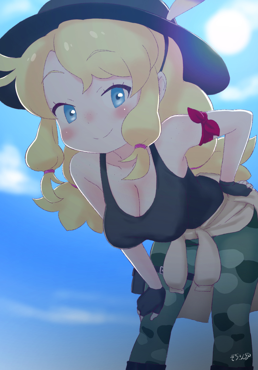 1girl bent_over blonde_hair blue_eyes blush breasts calenda_(kemono_friends) camouflage camouflage_pants cleavage gloves hat hat_feather highres kemono_friends kemono_friends_3 large_breasts long_hair looking_at_viewer masuyama_ryou pants shirt sky smile solo tank_top twintails