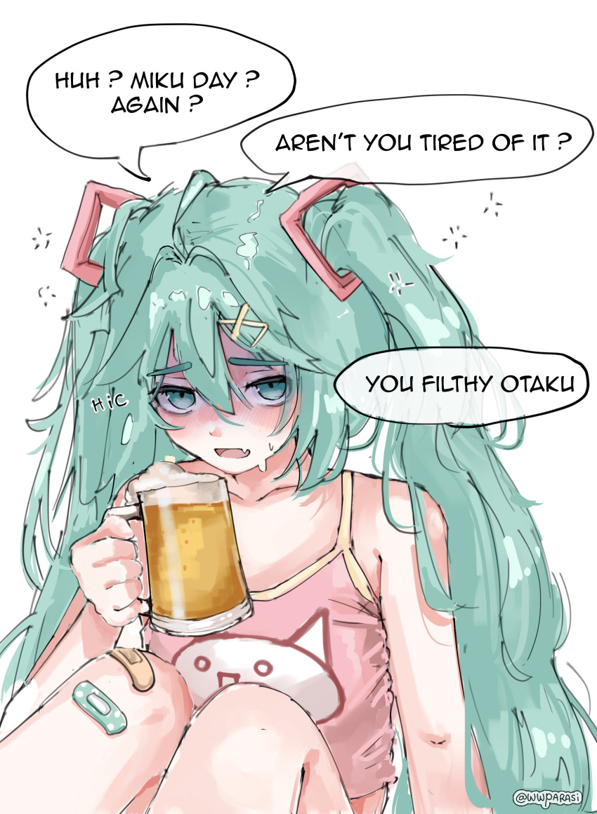 1girl absurdres alcohol bandaid beer blue_eyes blue_hair blush drunk fang hair_between_eyes hair_ornament hatsune_miku highres knees_up long_hair miku_day open_mouth pink_tank_top shaded_face skin_fang sweat tank_top twintails twitter_username very_long_hair vocaloid white_background wwparasi x_hair_ornament
