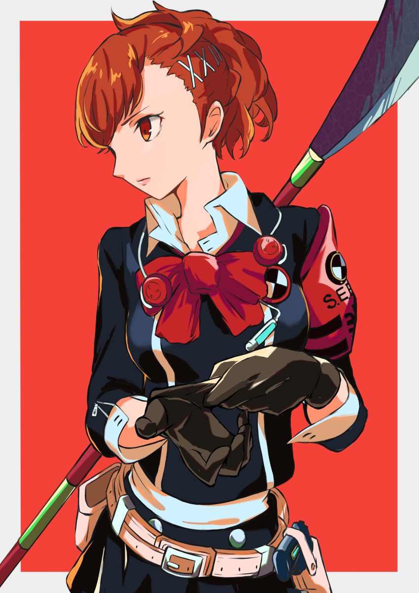 1girl absurdres adjusting_clothes adjusting_gloves armband belt belt_pouch black_gloves bow brown_hair collared_shirt evoker gekkoukan_high_school_uniform gloves hair_ornament hairclip highres looking_to_the_side naginata pekeponn persona persona_3 persona_3_portable polearm ponytail pouch red_background red_bow red_eyes s.e.e.s school_uniform shiomi_kotone shirt simple_background solo weapon