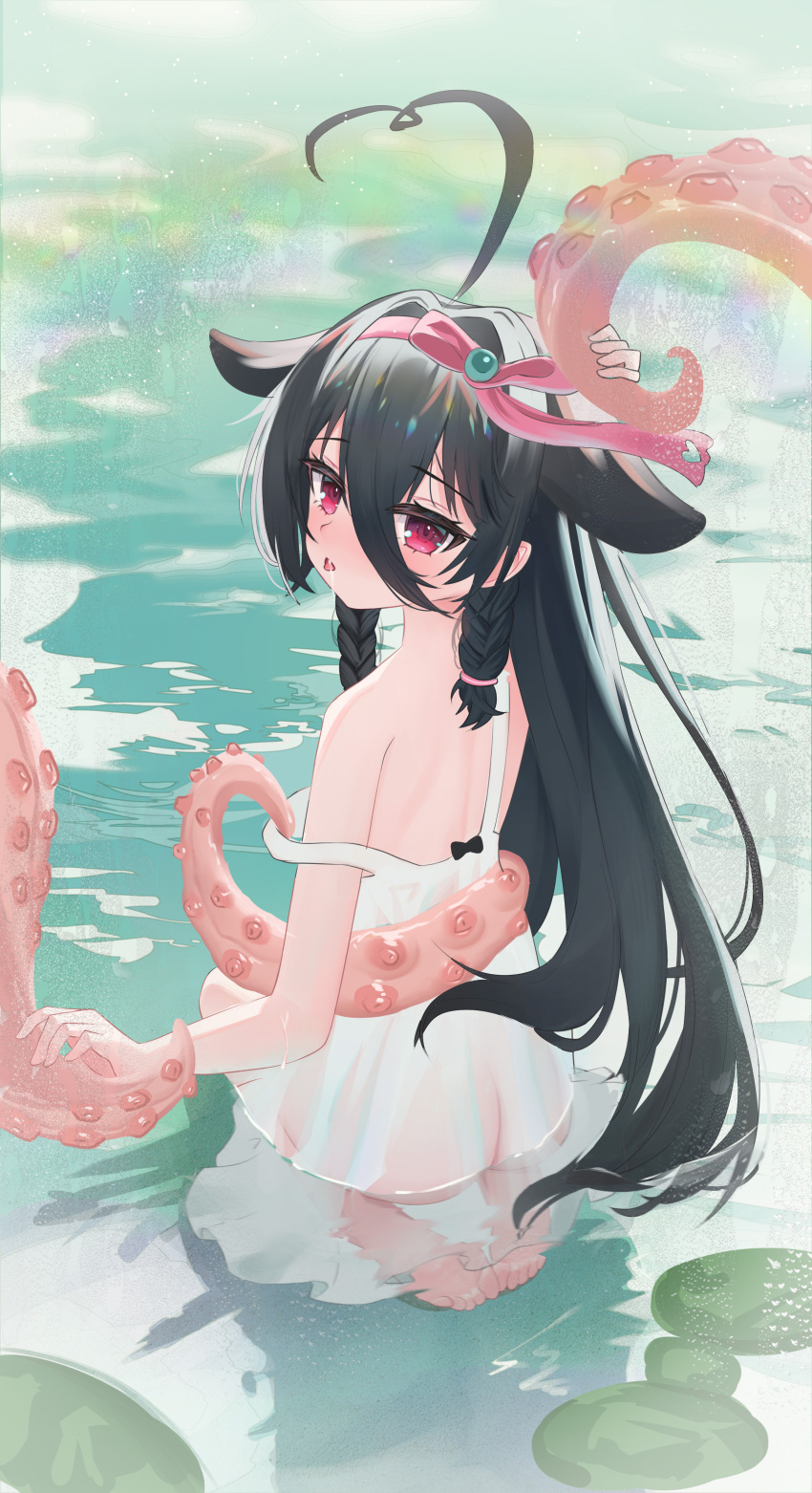 1girl absurdres ahoge alternate_costume azur_lane barefoot black_hair butt_crack chinese_commentary commentary_request dress drooling feet from_behind hair_between_eyes hair_ribbon heart heart_ahoge highres huge_ahoge lily_pad long_hair looking_at_viewer partially_submerged pink_ribbon red_eyes ribbon saliva seiza sheng_taoren sitting solo strap_pull sundress tentacle_hair tentacles toes tongue tongue_out very_long_hair white_dress whydah_(azur_lane)