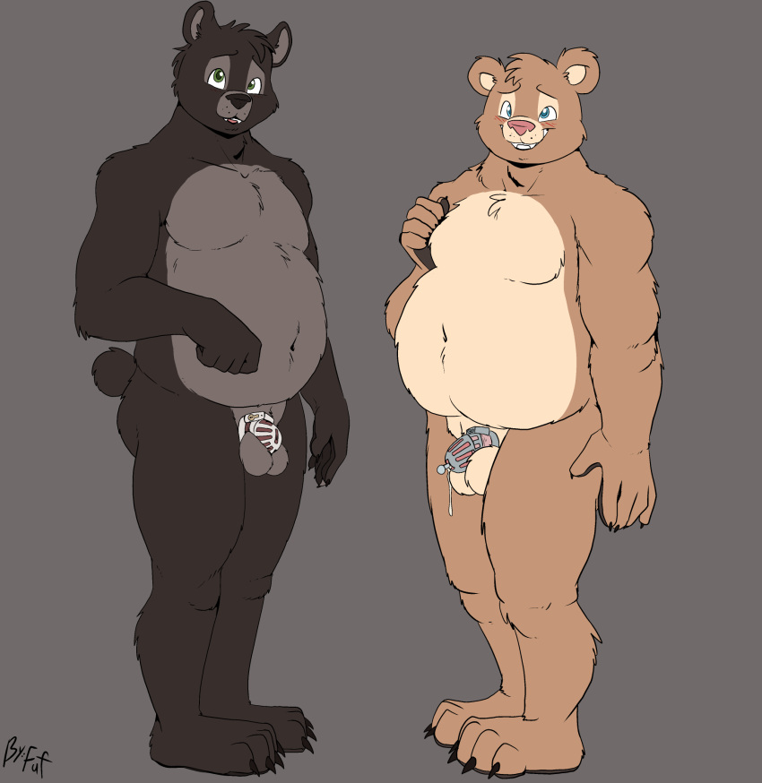 2021 anthro balls bear belly biped black_body black_nose blush blush_lines bodily_fluids brown_body chastity_cage chastity_device claws countershade_face countershade_torso countershading duo eyebrows featureless_chest front_view fuf genital_fluids genitals grey_body hi_res leaking_precum looking_at_viewer male mammal multicolored_body navel nude plantigrade precum round_ears short_tail simple_background slightly_chubby smile sounding_rod standing tail teeth toe_claws two_tone_body urethral white_body