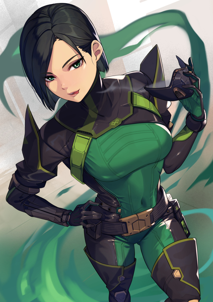 1girl :p \||/ absurdres armor ass_visible_through_thighs belt belt_buckle belt_pouch black_belt black_bodysuit black_footwear black_gloves black_hair bob_cut bodysuit boots breasts buckle commentary covered_navel dutch_angle eyelashes eyeshadow foreshortening from_above gloves green_bodysuit green_eyes green_gloves green_smoke grey_eyeshadow hand_on_own_hip highres holding holding_mask kagematsuri large_breasts looking_at_viewer looking_up loose_hair_strand makeup mask mouth_mask pauldrons perspective pouch short_hair shoulder_armor skin_tight smoke solo swept_bangs thigh_boots thigh_gap tongue tongue_out two-tone_bodysuit two-tone_gloves unworn_mask valorant viper_(valorant)