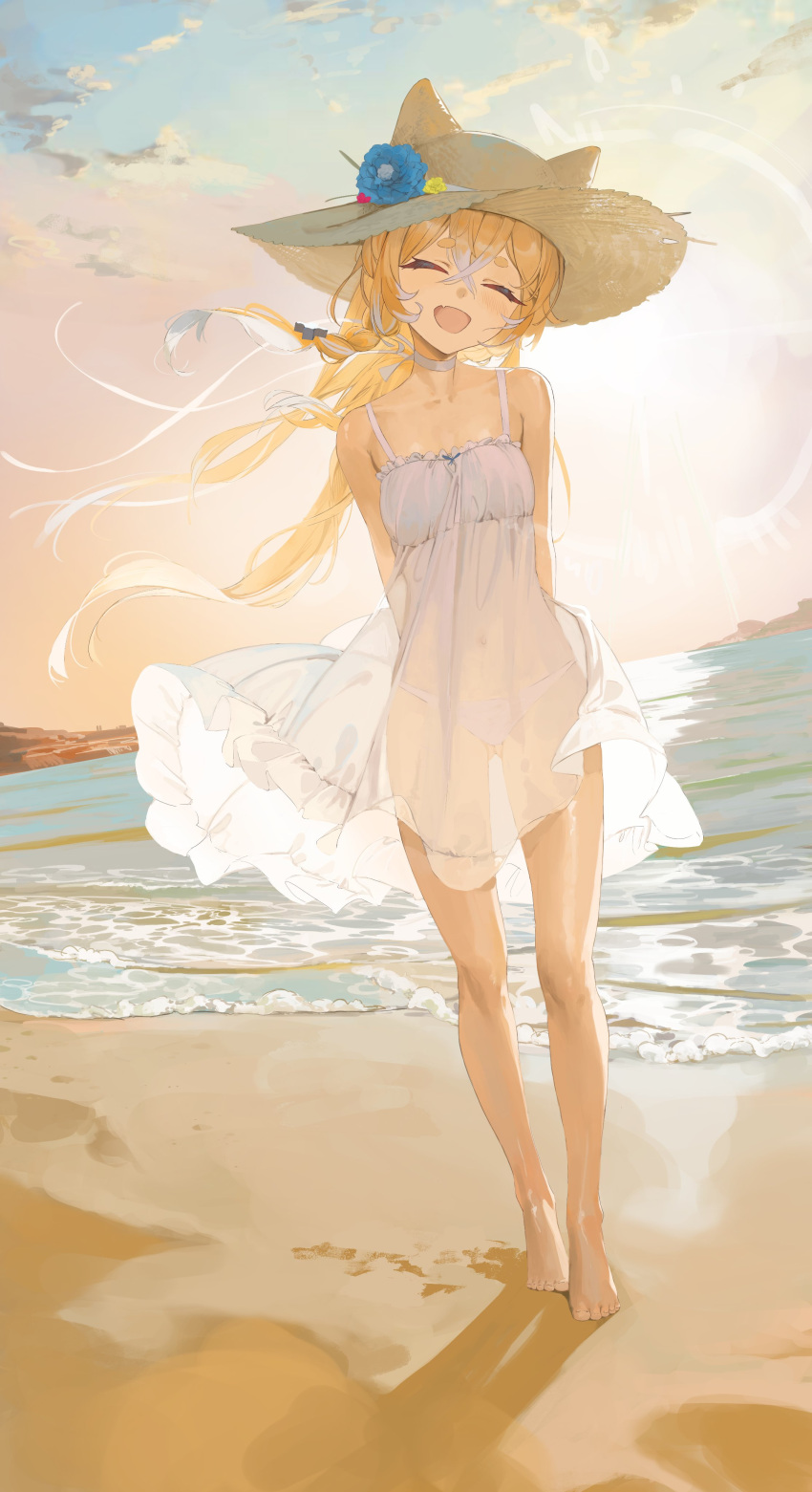 1girl absurdres animal_hat arms_behind_back ass_visible_through_thighs bangs barefoot beach blonde_hair choker closed_eyes colored_tips commission crossed_bangs darr1o day dress facing_viewer fang flower full_body hat hat_flower highres idol_corp long_hair multicolored_hair open_mouth outdoors panties pochi_wanmaru sand second-party_source see-through see-through_dress see-through_silhouette skin_fang sky sleeveless sleeveless_dress solo standing straw_hat sun_hat sundress underwear virtual_youtuber white_choker white_dress white_hair white_panties wind