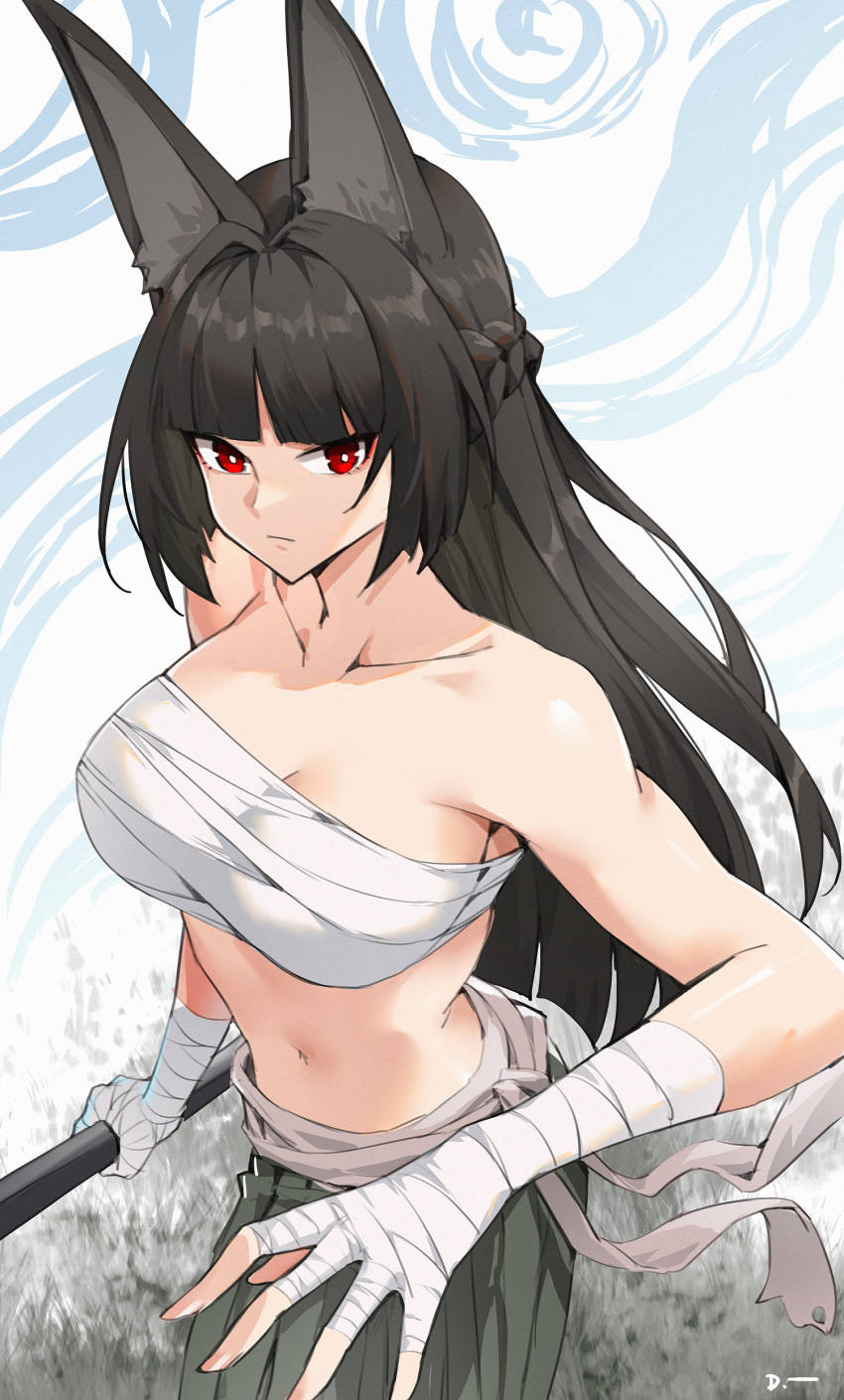 1girl absurdres animal_ears bandaged_hand bandages bandeau bare_shoulders black_hair blunt_bangs braid breasts chest_sarashi cleavage cowboy_shot french_braid grey_hakama grey_sash hakama highres hoshimi_miyabi japanese_clothes large_breasts linreplica long_hair looking_at_viewer midriff navel red_eyes sarashi solo standing stomach strapless tube_top very_long_hair zenless_zone_zero